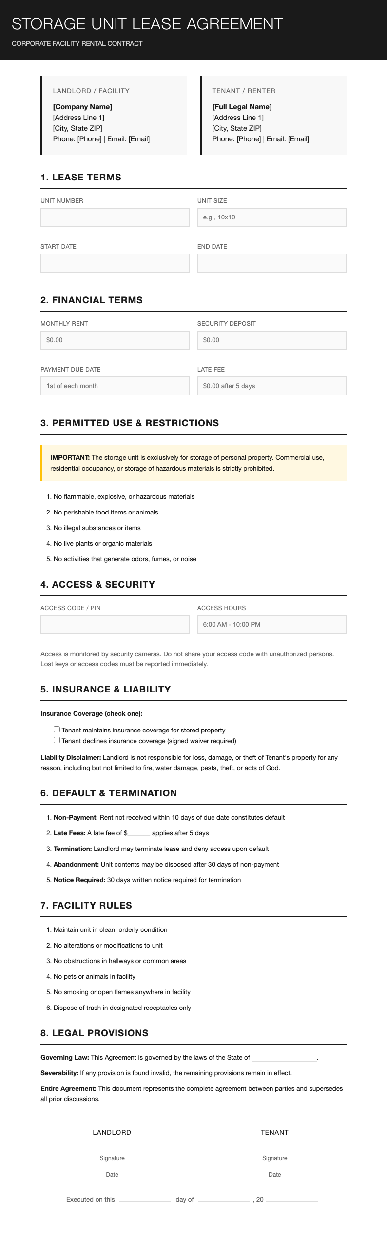Corporate standard storage unit lease agreement
